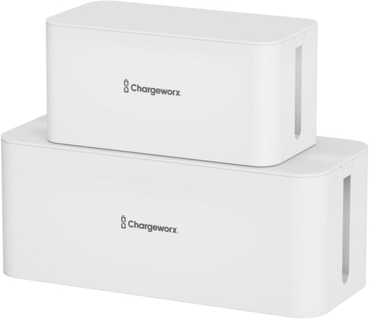 ChargeWorx Cable-Management Box Set, Cord Organizer, Cable Box to Hide Surge Protectors and Power Strips, Desk and Floor Cord Management, Home Office and TV Wire Concealer, White