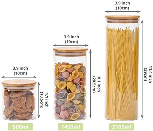 Stackable Kitchen Canisters Set, Pack of 5 Clear Glass Food Storage Jars Containers with Airtight Bamboo Lid for Candy, Cookie, Rice, Sugar, Flour, Pasta, Nuts
