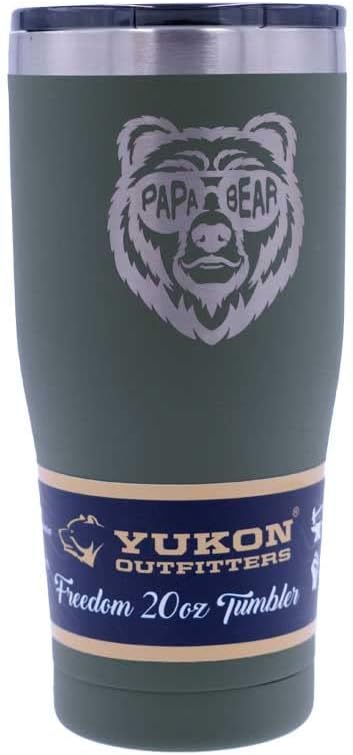Yukon Outfitters Freedom High Grade 18/8 Corrosion-Resistant Stainless Steel Double Wall Vacuum Tumbler (20 oz/ 590ml) - 7.3" H x 3.4" Top dia. / 2.7" Bottom dia., Olive Drab with Papa Bear Shades