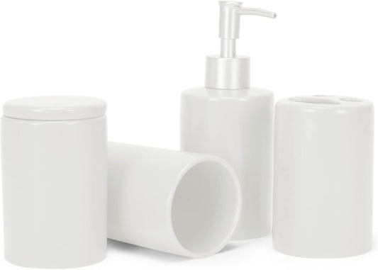 NAT & Jules Chic Modern Rounded 4.5 inch Ceramic Bathroom Accessories Set of 4 - Home Décor & Organization Perfect for Bath or Kitchen Household Essentials, Matte White