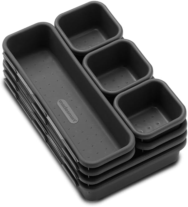 Madesmart 8-Piece Interlocking Bin Pack for Drawer Organization, Plastic Interlocking Junk Drawer Organizer Tray, Granite