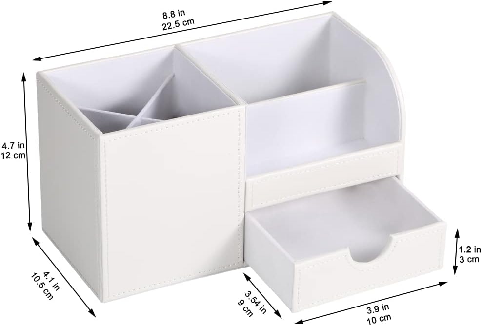KINGFOM Desk Organizer Office Supplies Caddy Pu Leather Multi-function Storage Box Pen/Pencil,Cell phone, Business Name Cards Remote Control Holder with Small Drawer White