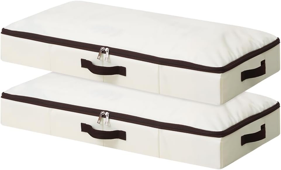 AMJ 2 Pack Foldable Under Bed Storage Basket Container, Sturdy Clothes Storage Drawer Organizer for Clothes, Shoes,Toys, Blanket, Comforter Organizers Bins, Beige