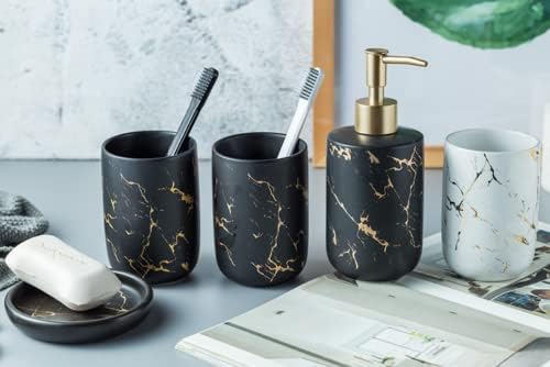 Ceramics Creative Golden Black Marble Pattern Marble Bathroom Accessories Set,3 Pieces Include Soap Dispenser, Tumblers,Soap Dish,4 Pieces Set Bathroom Accessories (Gray（Four Piece）)