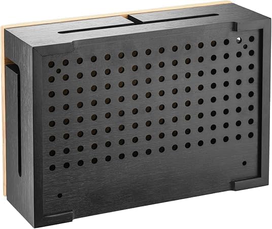 Bamboo Cable Management Box with Magnetic Lid & Ties - Elegant, Durable Cable Organizer to Hide Cords & Power Strip - Wall Mountable Box Hider for Home, Office, Desk & More (Black)