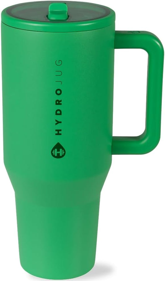 HydroJug Traveler - 40 oz Water Bottle with Handle & Flip Straw - Fits in Cup Holder, Leak Resistant Tumbler-Reusable Insulated Stainless Steel & Rubber Base - Gifts for Women & Men, Clover