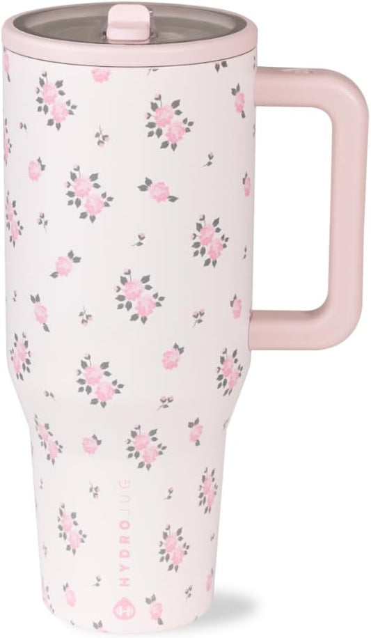HydroJug Traveler - 40 oz Water Bottle with Handle & Flip Straw - Fits in Cup Holder, Leak Resistant Tumbler-Reusable Insulated Stainless Steel & Rubber Base - Gifts for Women & Men, Wildrose