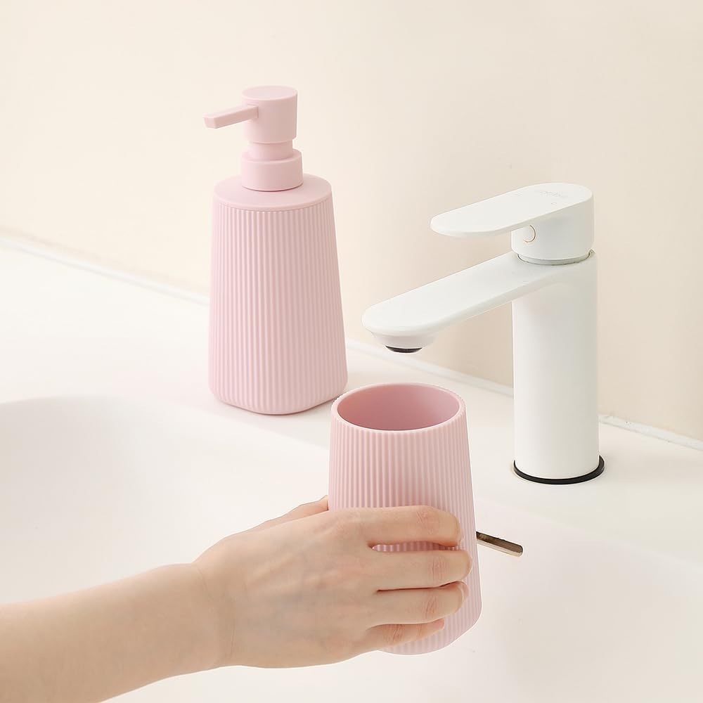 Bathroom Accessories 2 Piece Soap Dispenser and Toothbrush Holder Set Striped Light Pink