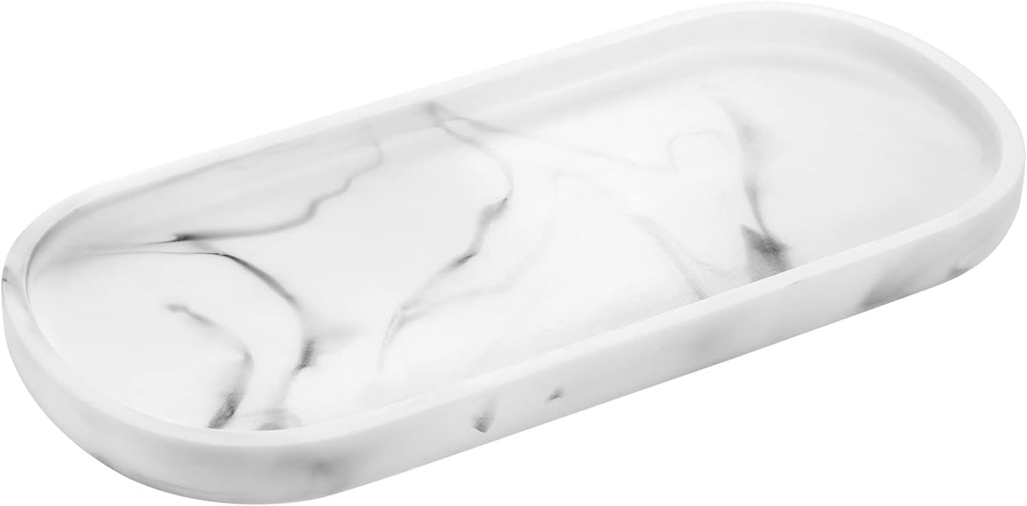 Luxspire Bathroom Vanity Tray, Oval Soap Dispenser Tray, 10" Marble Kitchen Counter Trays, Resin Bathroom Tray for Counter, Toilet Tank Tray, Trinket Tray for Perfume Jewelry, Small, Marble White