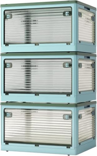 3 PACK Stackable Storage Bins, 50 Liters Closet Organizers with 3 Lids, Wheels, Drawers, Foldable Collapsible Box for Clothes and Camping Out Doors Bins, Blue