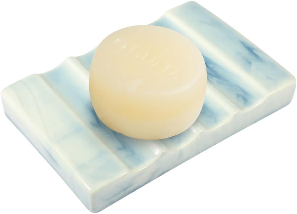 Soap Dish for Bathroom Sink and Shower Ceramic Soap Tray, Small Bar Soap Holder with Drainage Non-Slip Luxury Bathroom Decor Accessories (Gradient Blue)
