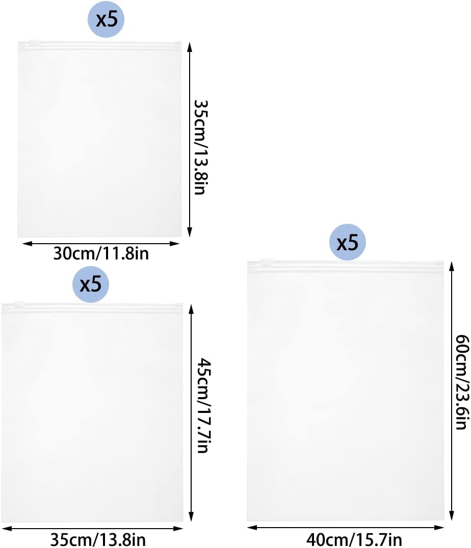 Belit Travel Storage Bag, 15 Pcs Clear Storage Bags Frosted Zipper Bags for Clothes, Shoes, Toiletries, Luggage Storage, 3 sizes 12x14 inch, 14x18 inch, 16x24 inch