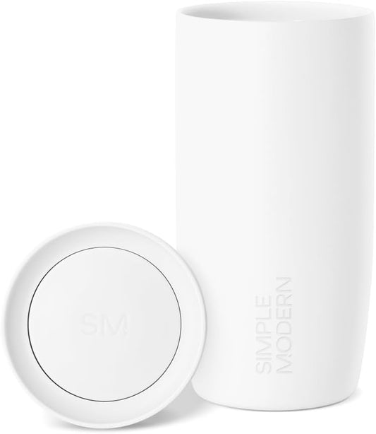 Simple Modern Travel Coffee Mug Tumbler with 360° Lid | Ceramic-Lined Insulated Stainless Steel Cold Brew Iced Coffee Cup | Gift for Women Men Her Him | Voyager Signature | 16oz | Winter White