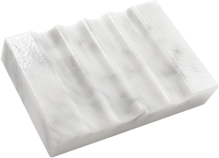 Real Marble Soap Dish for Shower Stone Tray Small Bar Soap Holder with Self Draining | Non-Slip, Luxury Bath Room Accessories (White)