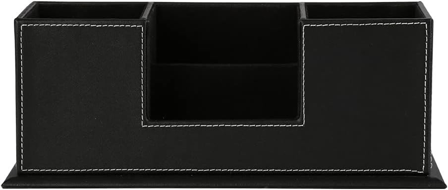 KINGFOM Office Supplies Desk Organizer PU Leather Storage Box 4 Divided Compartments for Pen Business Card Remote Control Mobile Phone Cosmetics Collection Holder (Black)