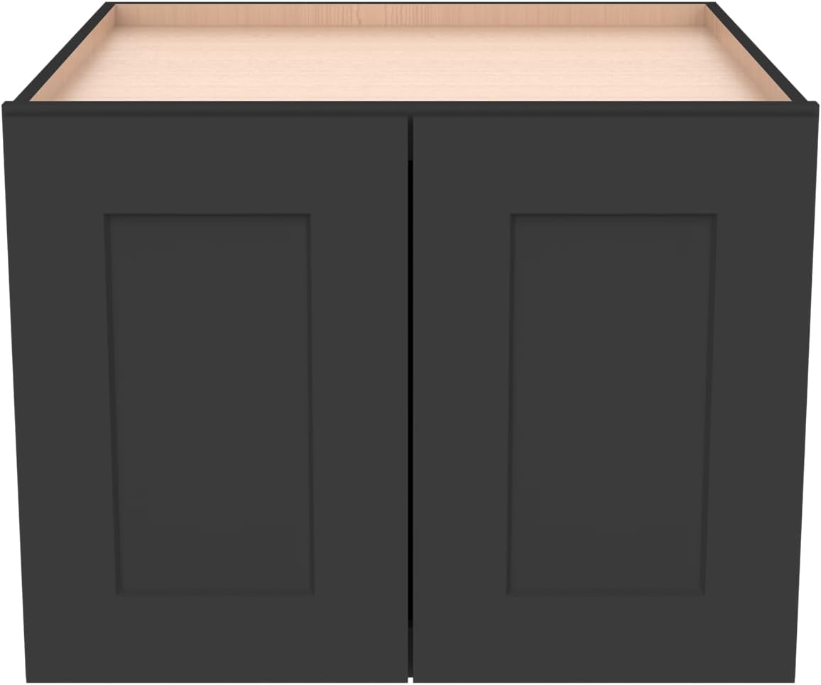 Solid Wood Wall Cabinet,Shaker Style Wall-Mounted Kitchen Storage Cabinet with Soft-Close Doors, RTA Pantry Organizer for Bathroom, Garage, Laundry (Charcoal Black, 33" W x 24" D x 12" H)