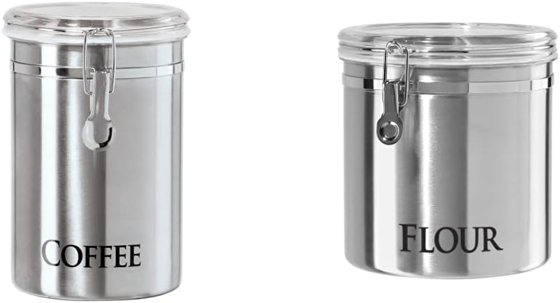 OGGI Stainless Steel Canister 62oz - Airtight Clamp Lid, Clear See-Thru Top. Large Size 5" x 7.5" & Jumbo 8" Stainless Steel Flour Clamp Canister - Airtight Food Storage Container Ideal, Dry Foods