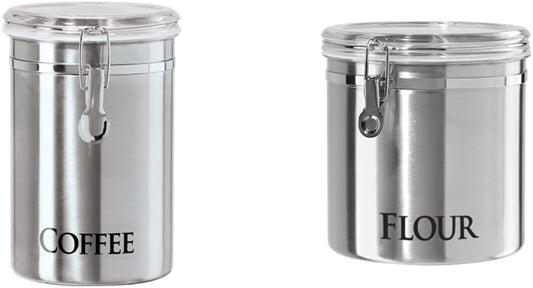 OGGI Stainless Steel Canister 62oz - Airtight Clamp Lid, Clear See-Thru Top. Large Size 5" x 7.5" & Jumbo 8" Stainless Steel Flour Clamp Canister - Airtight Food Storage Container Ideal, Dry Foods