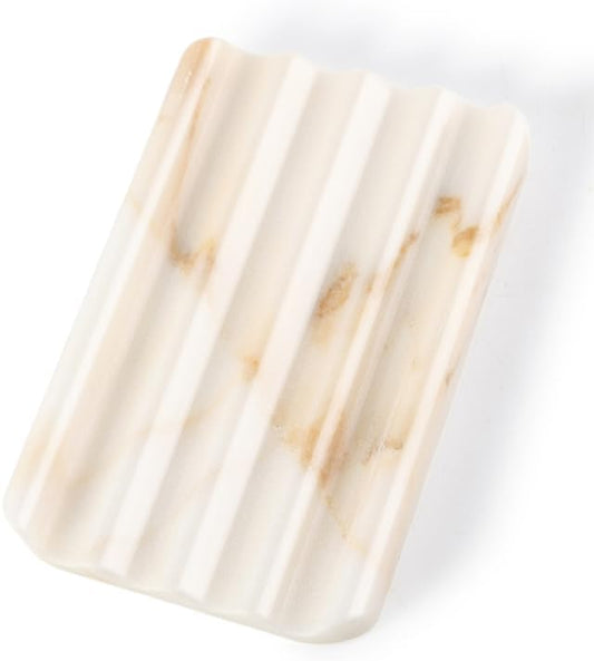 Koville Natural Marble Soap Dish for Bathroom Shower, White Gold Marble Soap Tray for Bathroom, Stone Soap Tray for Sink, Stripe Grooves Soap Saver Keep Soap Bars Dry Easy Clean