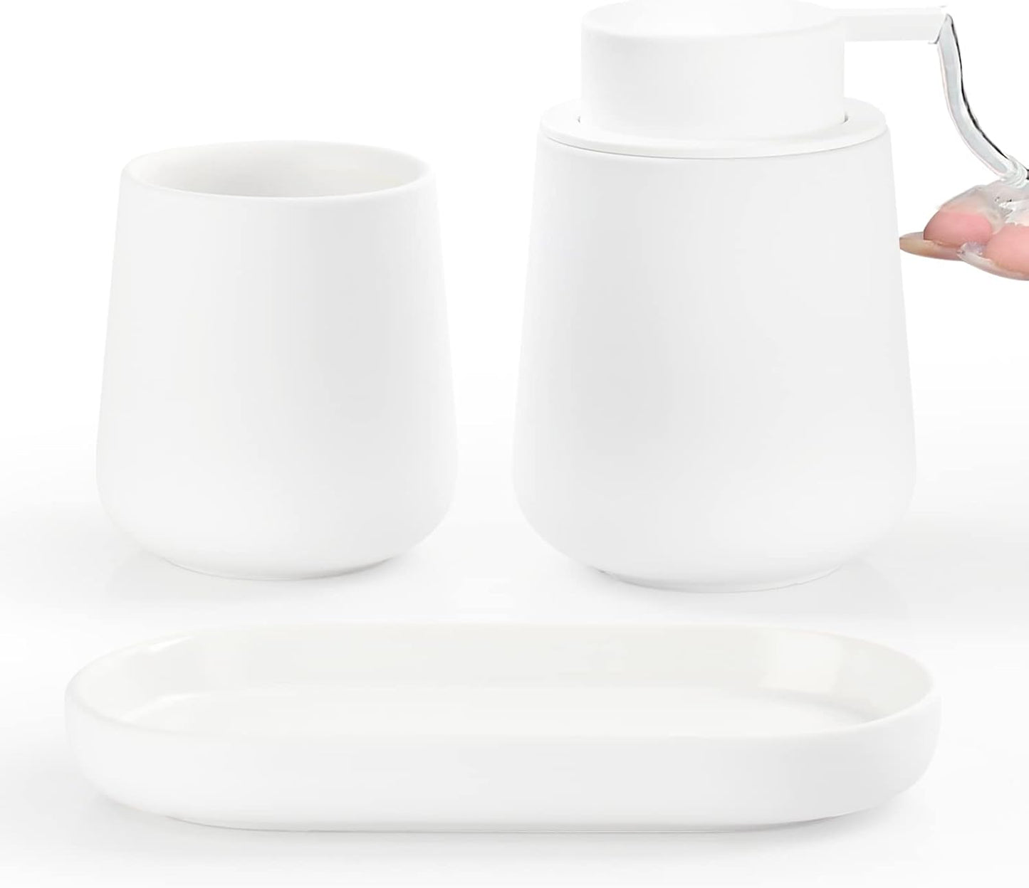BosilunLife White Bathroom Accessory Set - 3 pcs Ceramic Bathroom Soap Dispenser Set Farmhouse Bathroom Decor Sets Accessories, Soap Dispenser and Toothbrush Holder, Tray (White Set - Liquid Pump)