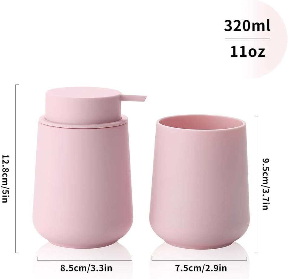 Matte Pink Bathroom Accessories 2 Piece Set Plastic Soap Dispenser and Toothbrush Holder for Modern Bathroom Decor