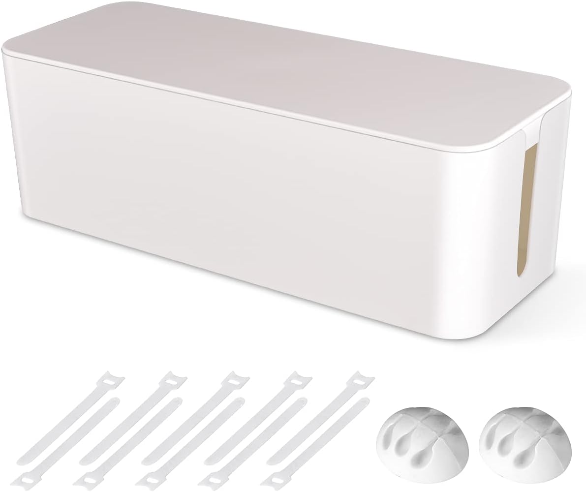 Cable Management Box, Large Cord Organizer Box to Hide Power Strip & Under Desk,TV Computer Wires Cable Organizer Hider Box with Cable Clips&Reusable Cable Ties for Home/Office(White)