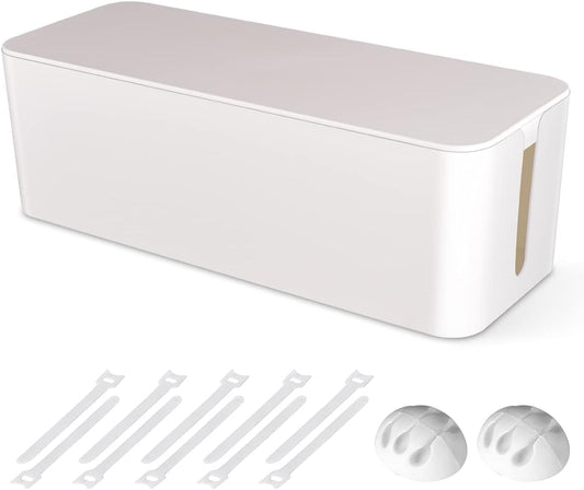 Cable Management Box, Large Cord Organizer Box to Hide Power Strip & Under Desk,TV Computer Wires Cable Organizer Hider Box with Cable Clips&Reusable Cable Ties for Home/Office(White)