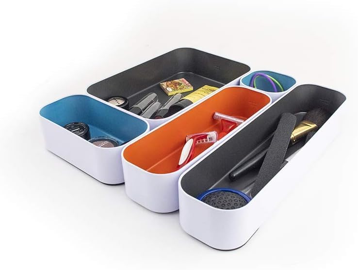 Three by Three Seattle 5 Piece Metal Organizer Tray Set for Storing Makeup, Stationery, Utensils, and More in Office Desk, Kitchen and Bathroom Drawers (2 Inch, Multicolor)