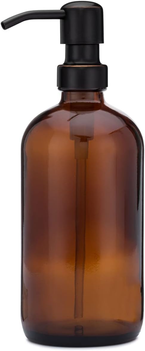Rail19 Market Amber Glass Soap Dispenser with Metal Pump - Liquid Hand Soap & Lotion for Kitchen and Bathroom, 16oz (Farmhouse Bronze)