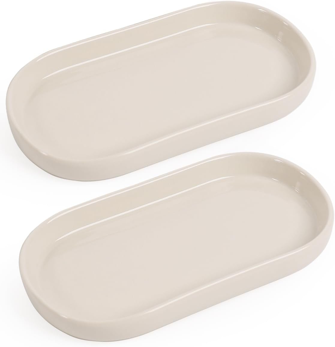 INGOFIN 7" Ceramic Bathroom Vanity Tray Set- 2 Pcs Bathroom Organizer Countertop Tray for Perfume, Jewelry, Small Kitchen Counter Soap Tray, Decorative for Bathroom Vanity and Toilet Tank, Beige