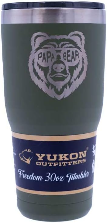 Yukon Outfitters Freedom High Grade 18/8 Corrosion-Resistant Stainless Steel Double Wall Vacuum Insulated Tumbler (30oz / 890ml) - 7.85" H x 3.9" Top Dia. / 2.9" Bottom dia., Papa Bear - Olive Drab