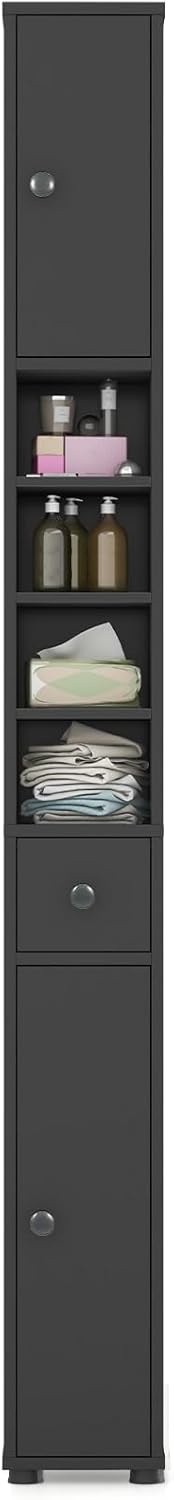 71" Tall Narrow Bathroom Storage Cabinet, Modern Skinny Toilet Paper Storage Organizer w/1 Drawer, 2 Doors & 5 Adjustable Shelves, Slim Tower Floor Cabinets for Small Spaces