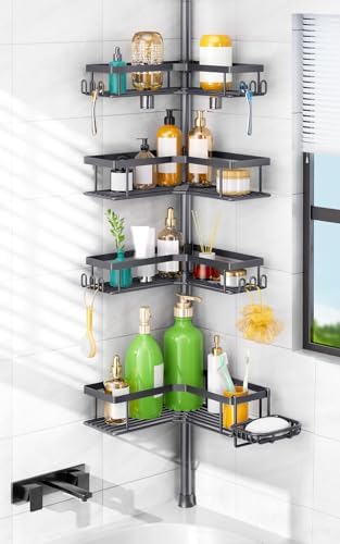 HAMITOR Corner Bathroom Shower Caddy: 4-Tier Rustproof Shampoo Organizer Shelf with Soap Holder - No-Drill Adjustable Standing Tension Pole Rack for Family Homeowners - Space-Saving - 47-123 Inch Gray