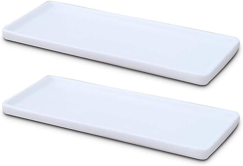 Ceramic Vanity Tray Small Rectangle, Bathtub Tray Bathroom Organizer, Cosmetics Holder for Tissue Candle Towel Plant Jewelry Ring Dish Dresser Perfume Shampoo-White(2 Pcs)(Large)