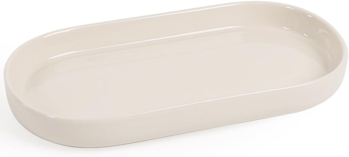 INGOFIN 7" Ceramic Bathroom Vanity Tray - Bathroom Organizer Countertop Tray for Perfume, Jewelry, Candles, Small Kitchen Counter Soap Tray, Decorative for Bathroom Vanity and Toilet Tank, Beige