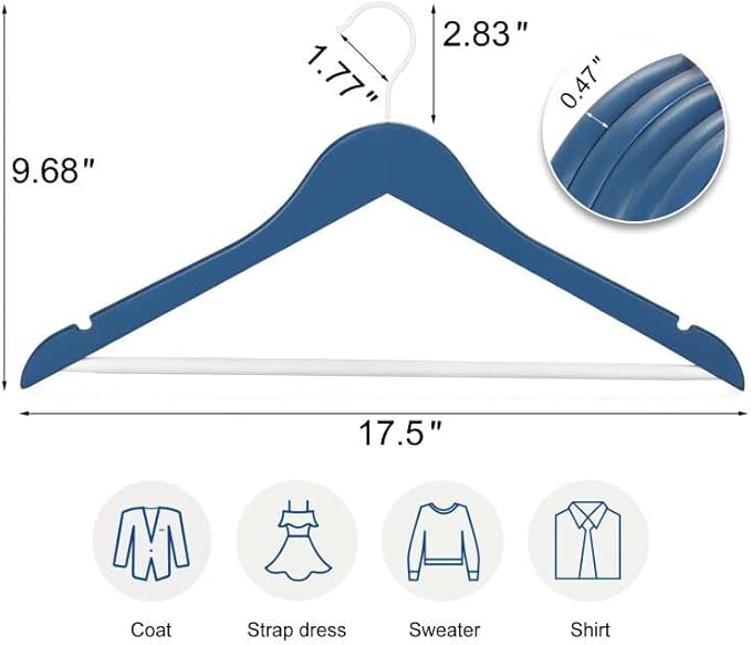TOPIA HANGER Premium Wooden Hangers with Non-Slip Pant Bar, 360°Swivel Hook and Shoulder Notches, 16 Pack Solid Wood Clothes Hangers for Suit, Coat, Jacket, Camisole(Blue/White)-CT35BW1
