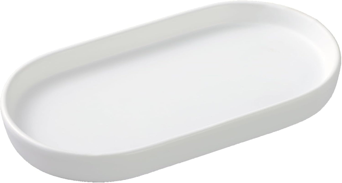 White Round Soap Dispenser Tray - 8'' Ceramic Vanity Tray for Bathroom Decorative, Jewelry Ring Dish, Comestic Holder, Kitchen Sink Countertop Organizer Plate