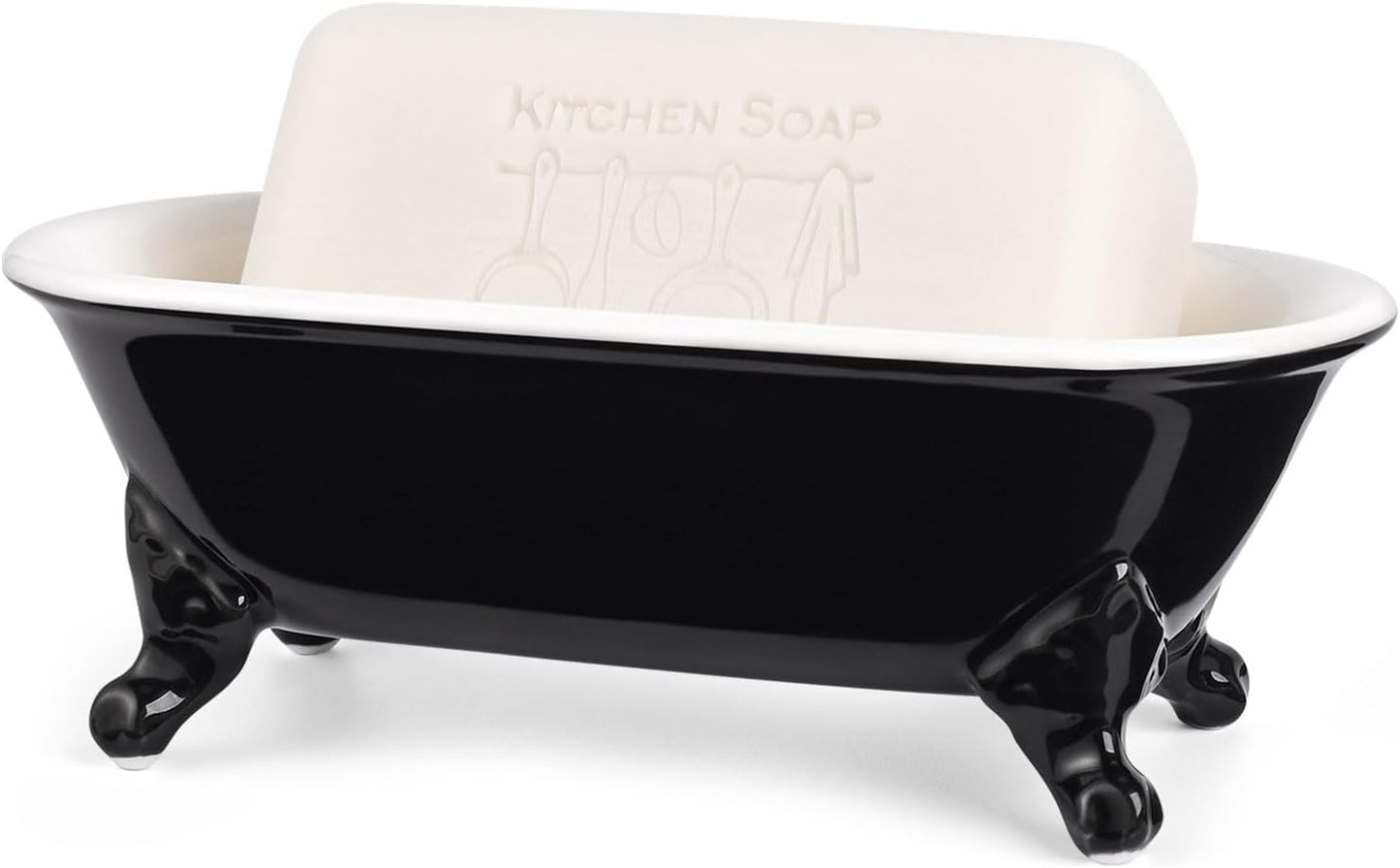 6.5" Ceramic Mini Decorative Clawfoot Bathtub Bar Soap Dish, Kitchen Sponge Holder and Shower Tray for Bathroom, 1 Pack(Black)