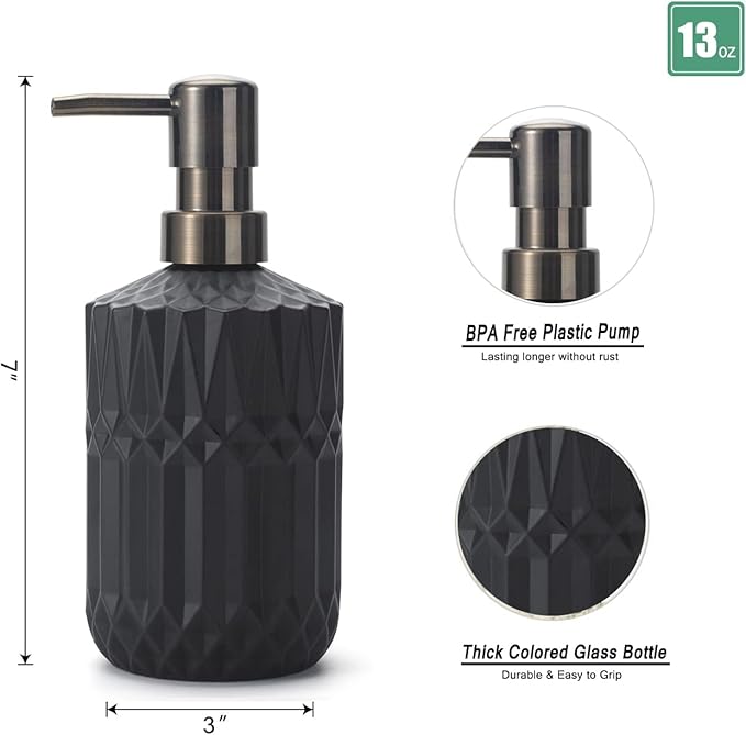 Glass Soap Dispenser Hand Soap Dispenser 12oz/390ml Soap Dispenser Bathroom Kitchen Soap Dispenser/Lotion Dispenser with ABS Plastic Pump Clear Black