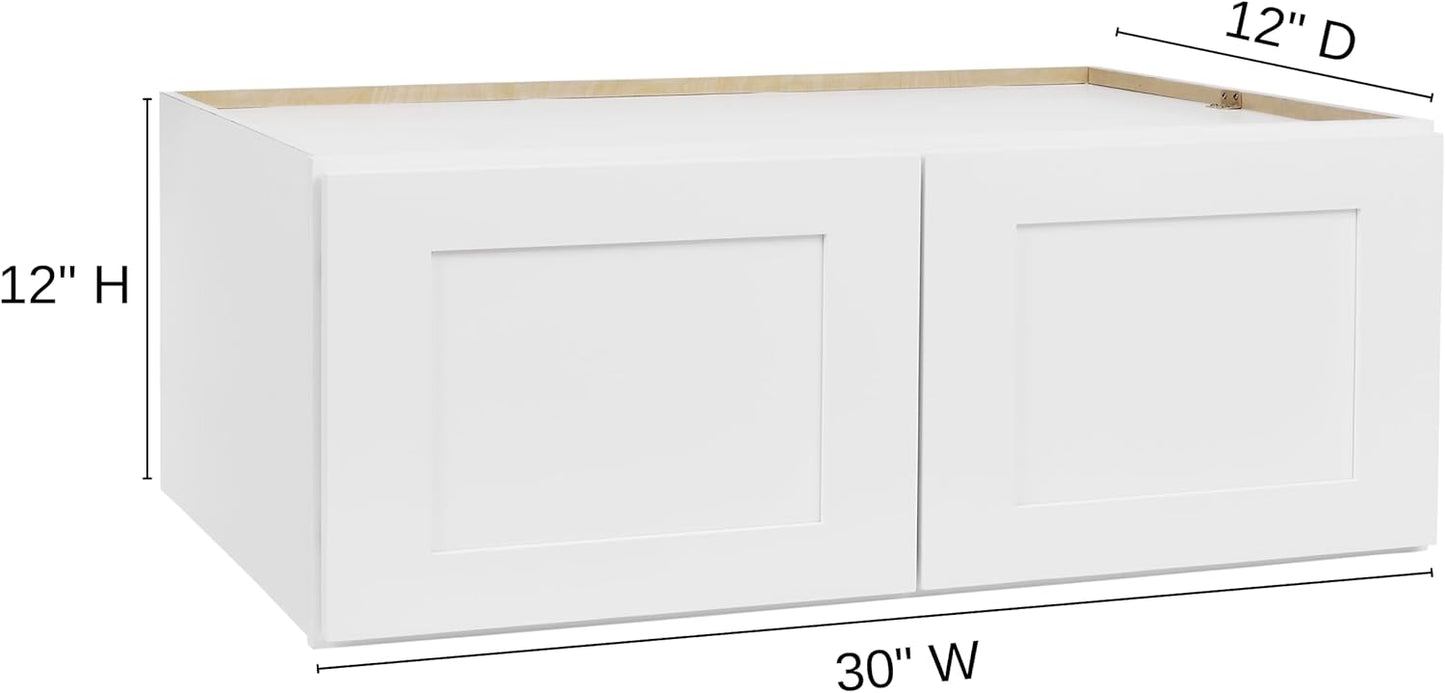 White Shaker Wall Cabinet - Ready to Assemble, Perfect for Kitchen, Laundry, and Bathroom Storage - 30”W x 12”H x 12”D
