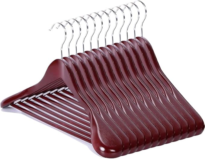 12 Pack Wide Shoulder Wooden Hangers, Suit Hangers with Non Slip Pants Bar, Smooth Finish 360° Swivel Hook Solid Wood Coat Hangers for Dress, Jacket, Pants, Heavy Clothes Hangers (Vintage 12PCS)