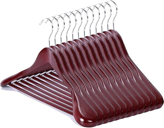 12 Pack Wide Shoulder Wooden Hangers, Suit Hangers with Non Slip Pants Bar, Smooth Finish 360° Swivel Hook Solid Wood Coat Hangers for Dress, Jacket, Pants, Heavy Clothes Hangers (Vintage 12PCS)
