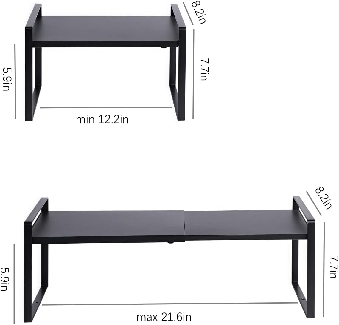 Expandable Cabinet Shelf Organizer Riser for Kitchen Pantry Cupboard Under Sink Countertop (black, 8.2’’D * 12.2-21.6’’W * 7.7’’H)
