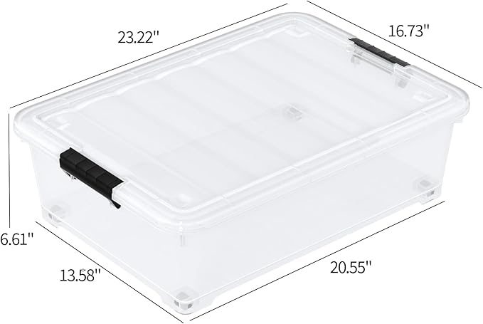 25 Quart Clear Under Bed Storage Container with Wheels, 4 Packs Stackable Plastic Underbed Bin with Lid