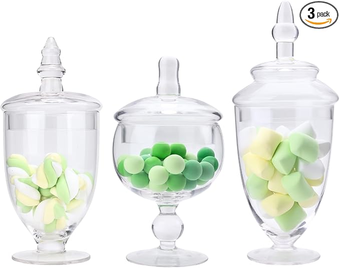 Set of 3 Apothecary Jar Glass, Glass Apothecary Jars with Lids, Clear Candy Jars for Candy Buffet, Decorative Jar for Display, Party and Wedding, Elegant Candy Canisters Set