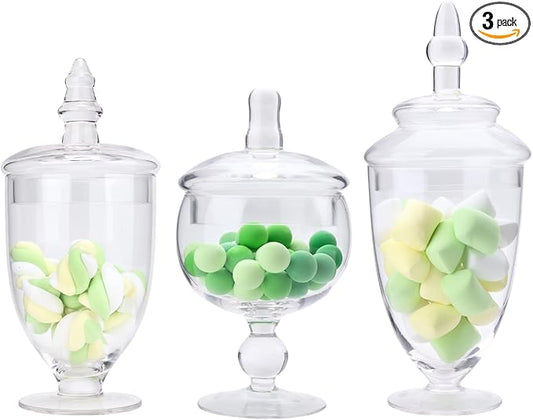 Set of 3 Apothecary Jar Glass, Glass Apothecary Jars with Lids, Clear Candy Jars for Candy Buffet, Decorative Jar for Display, Party and Wedding, Elegant Candy Canisters Set