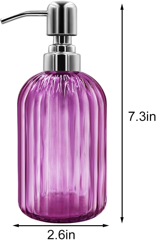 Soap Dispenser - 2 Pack 14 Oz Glass Soap Dispenser with Rust Proof Stainless Steel Pump, Refillable Liquid Bottle Dispenser, Premium Hand Jar Dispenser for Bathroom, Kitchen, Countertop (Purple)