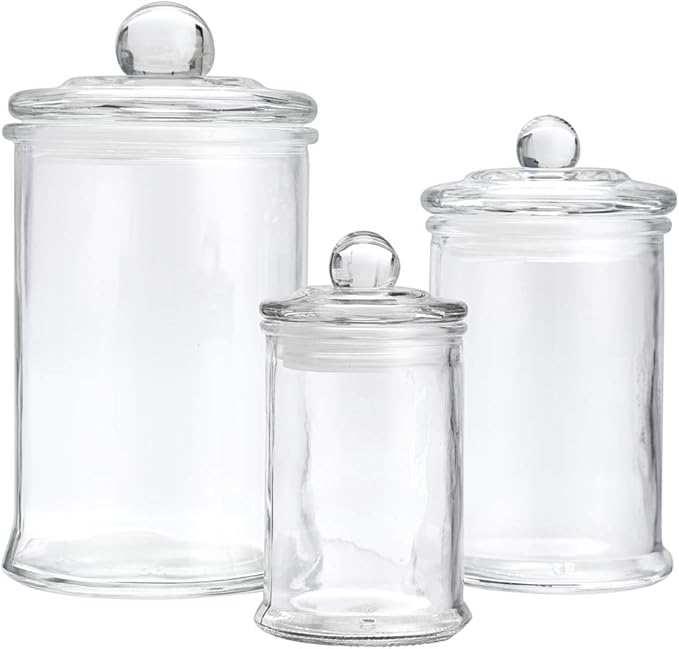 MDLUU Glass Canisters, Apothecary Jars with Airtight Lids, Bathroom Vanity Storage Organizer Containers for Qtip Cotton Swabs, Cotton Balls, Flossers, Bath Salt, Hair Tie, Set of 3