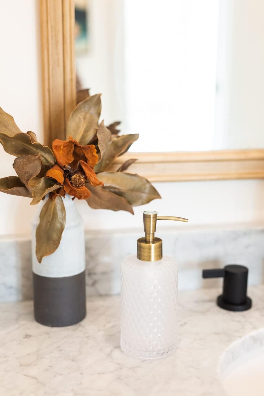 Rail19 Frosted Milk + Honey Glass Soap Dispenser | Vintage-Inspired Modern Refillable Soap & Lotion Pump Bottle for Bathroom Vanity Countertop and Kitchen, 12oz (Antique Brass)