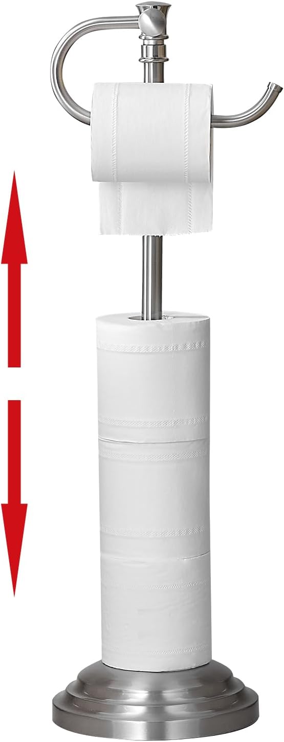 RUMOSE Toilet Paper Holder Stand for Floor, Brushed Nickel Adjustable (12.4" to 22.8") Bathroom Toilet Tissue Holder, Free Standing Toilet Paper Roll Holder with Storage, Stainless Steel